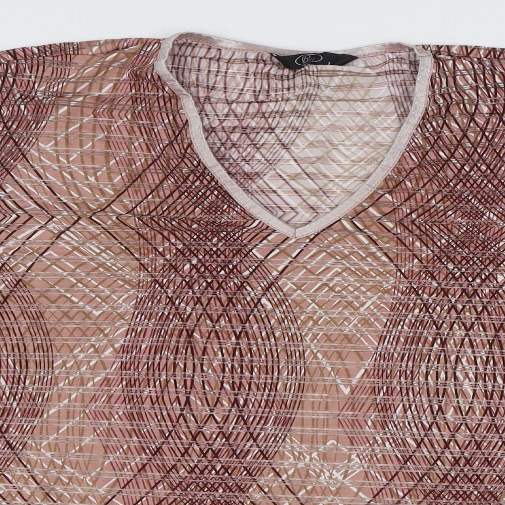 BM Womens Brown Geometric Polyester Basic T-Shirt Size L V-Neck