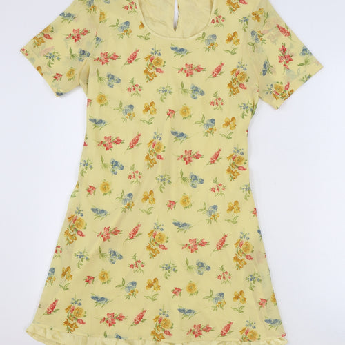 DUO Womens Yellow Floral Viscose A-Line Size 10 Round Neck Button