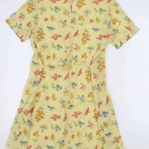 DUO Womens Yellow Floral Viscose A-Line Size 10 Round Neck Button