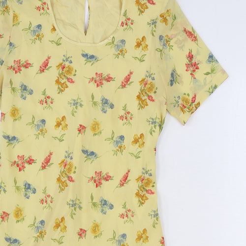 DUO Womens Yellow Floral Viscose A-Line Size 10 Round Neck Button