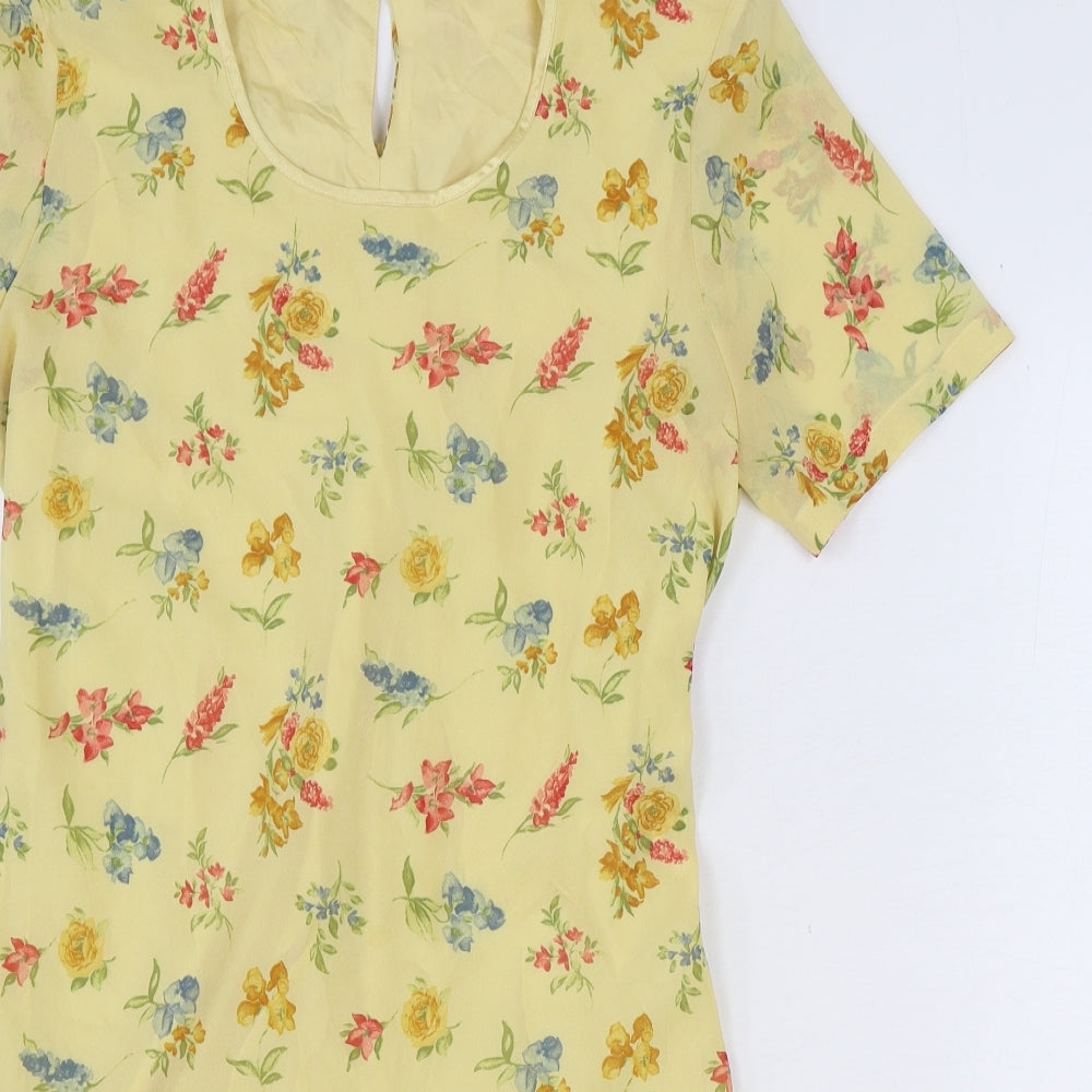 DUO Womens Yellow Floral Viscose A-Line Size 10 Round Neck Button