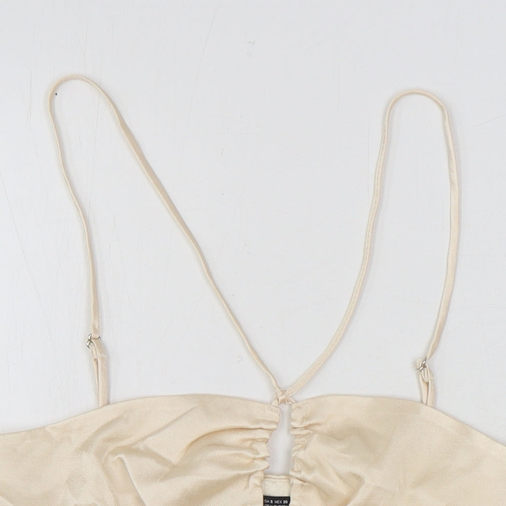 Zara Womens Gold Viscose Cropped Blouse Size S Square Neck