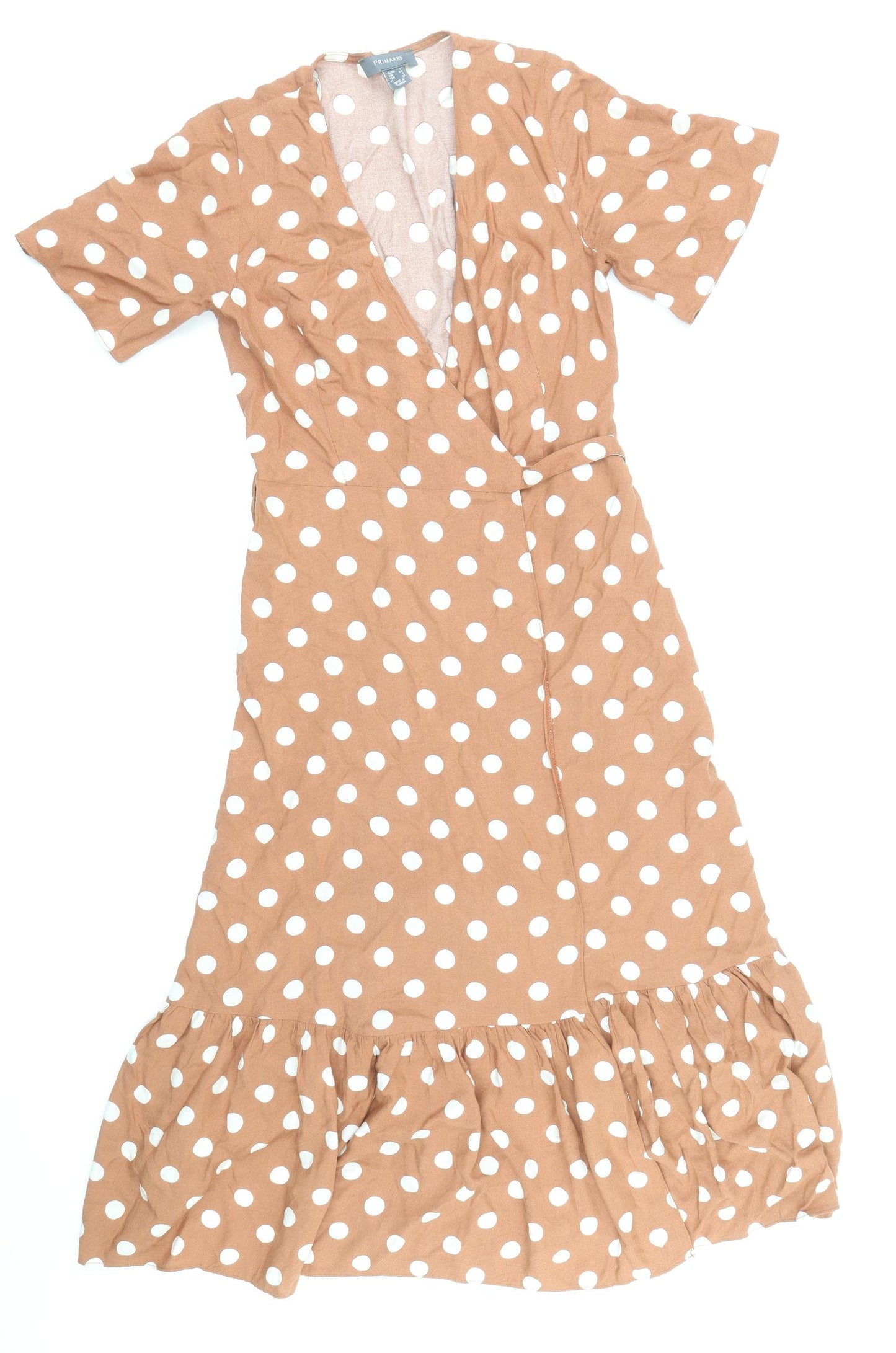 Primark Womens Brown Polka Dot Viscose Wrap Dress Size 6 V-Neck Tie