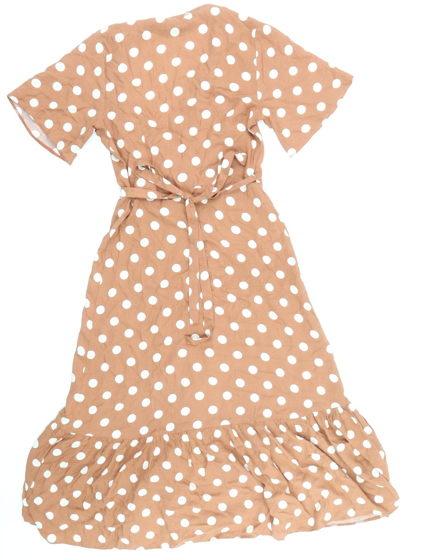 Primark Womens Brown Polka Dot Viscose Wrap Dress Size 6 V-Neck Tie