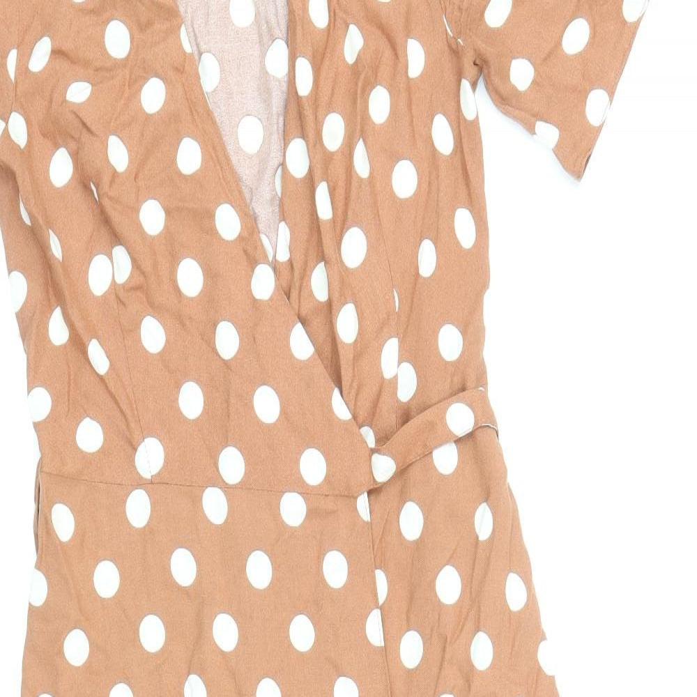 Primark Womens Brown Polka Dot Viscose Wrap Dress Size 6 V-Neck Tie