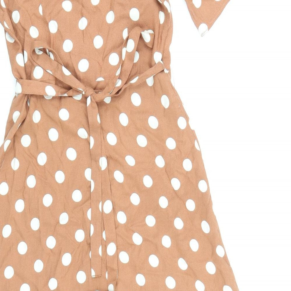 Primark Womens Brown Polka Dot Viscose Wrap Dress Size 6 V-Neck Tie