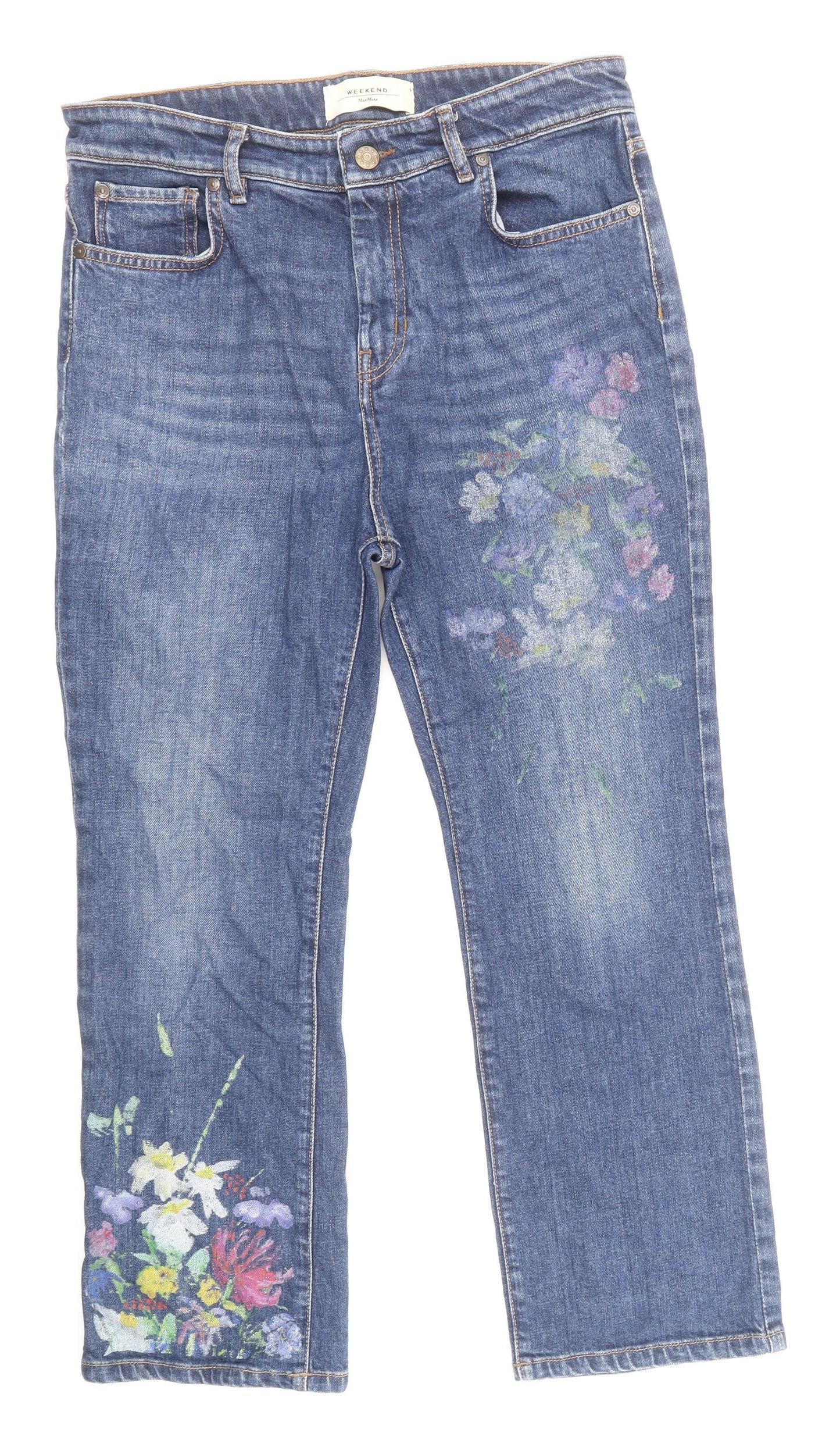 Max Mara Womens Blue Cotton Straight Jeans Size 14 Regular Zip - Flowers