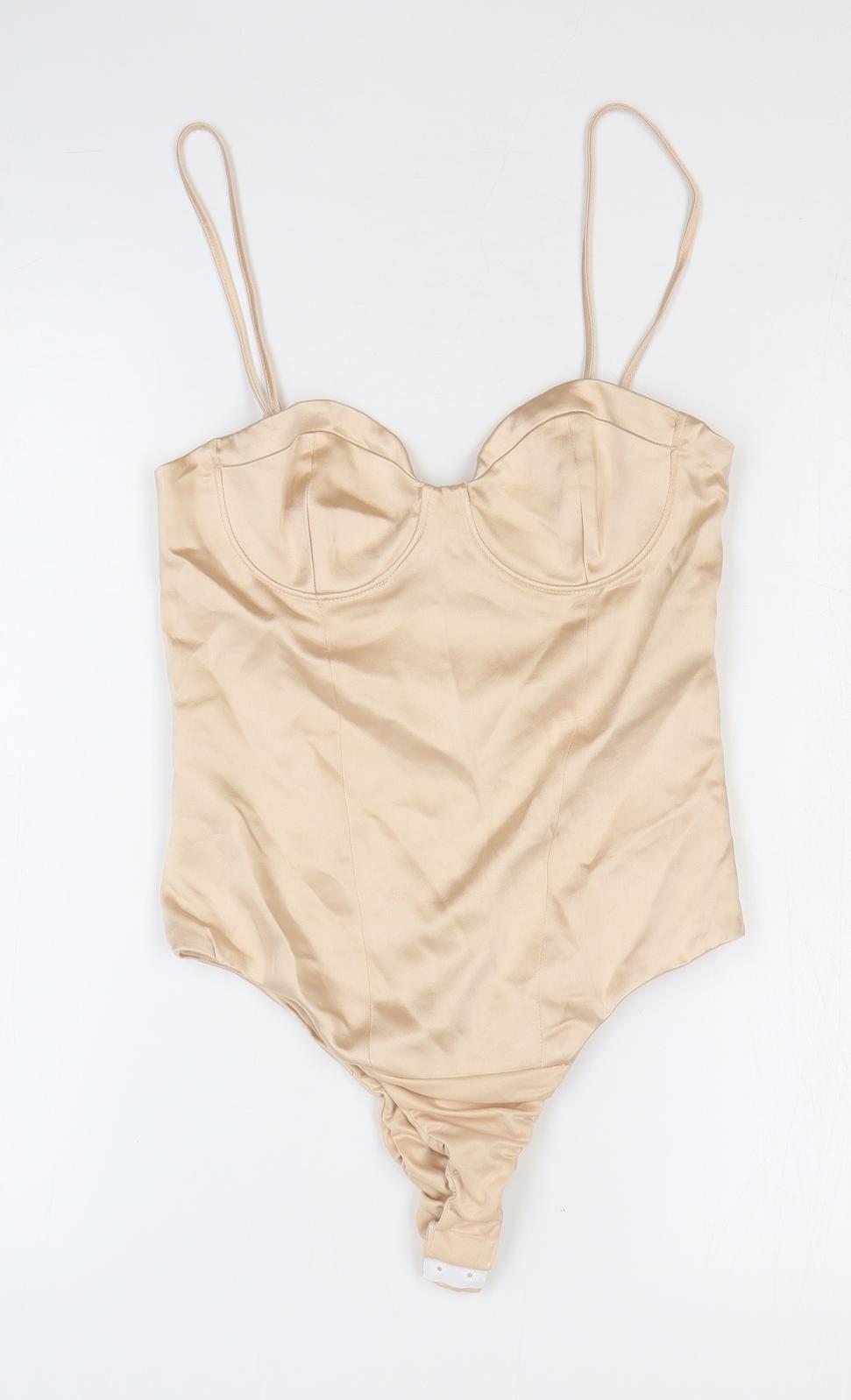 Zara Womens Beige Polyester Bodysuit One-Piece Size S Zip