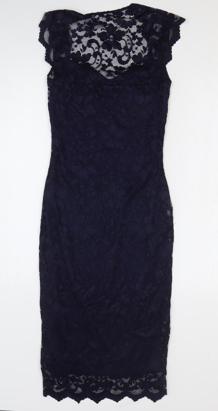 Amy Childs Collection Womens Blue Nylon Pencil Dress Size 8 Round Neck Pullover
