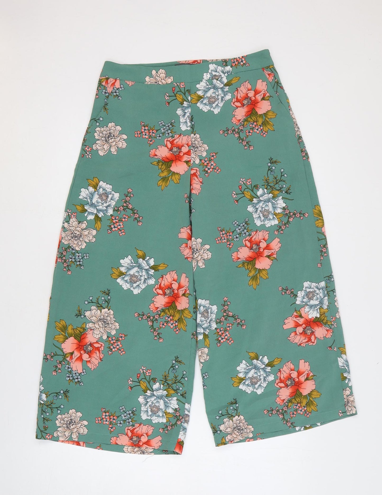 Primark Womens Green Floral Polyester Trousers Size 10 Regular Zip