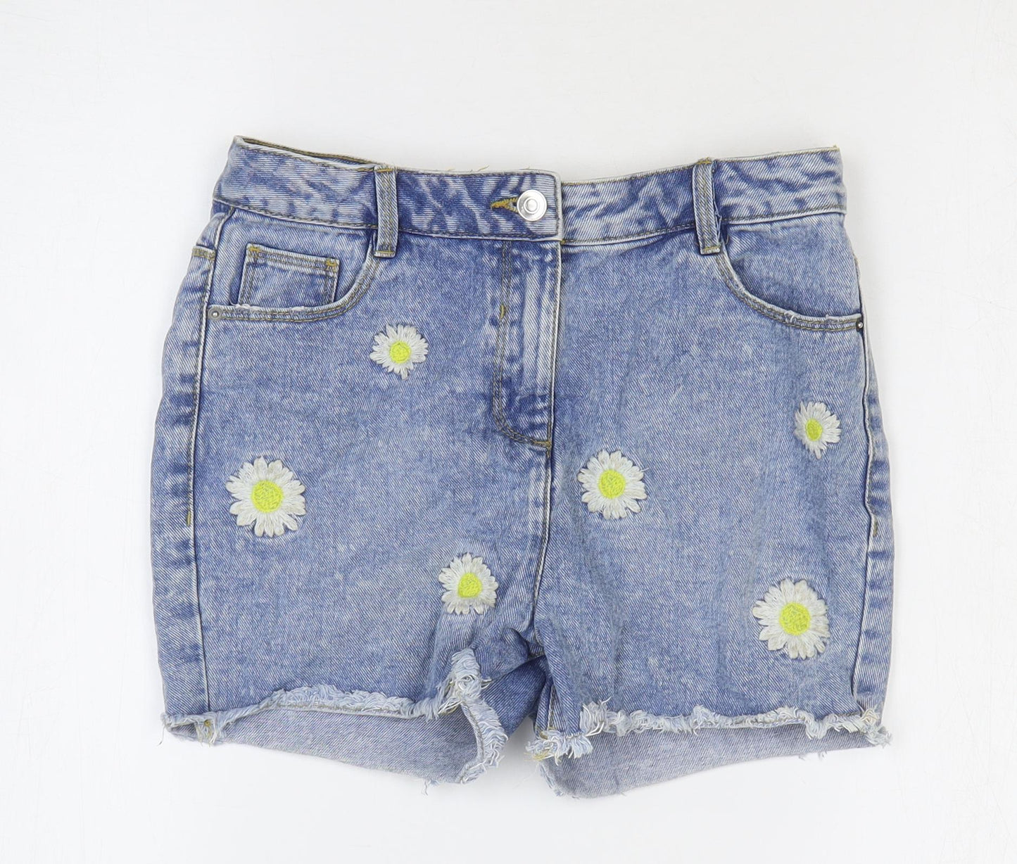 George Girls Blue Cotton Cut-Off Shorts Size 12-13 Years Regular Zip - Flower Detail