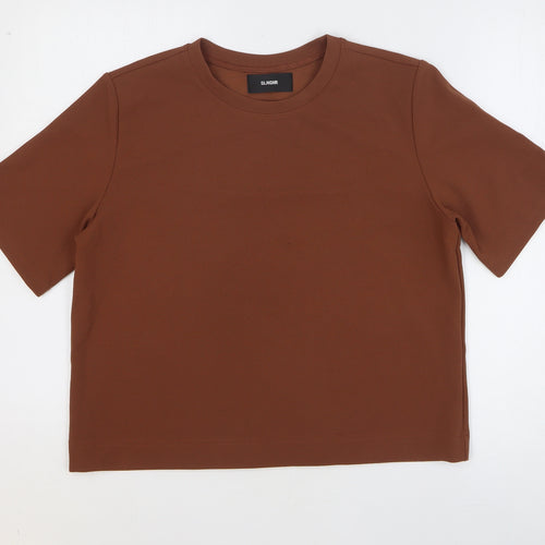 Slnghr Womens Brown Polyester Basic T-Shirt Size S Round Neck