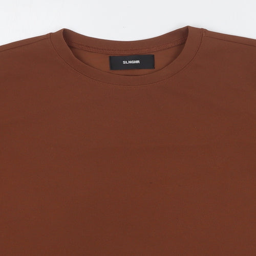 Slnghr Womens Brown Polyester Basic T-Shirt Size S Round Neck