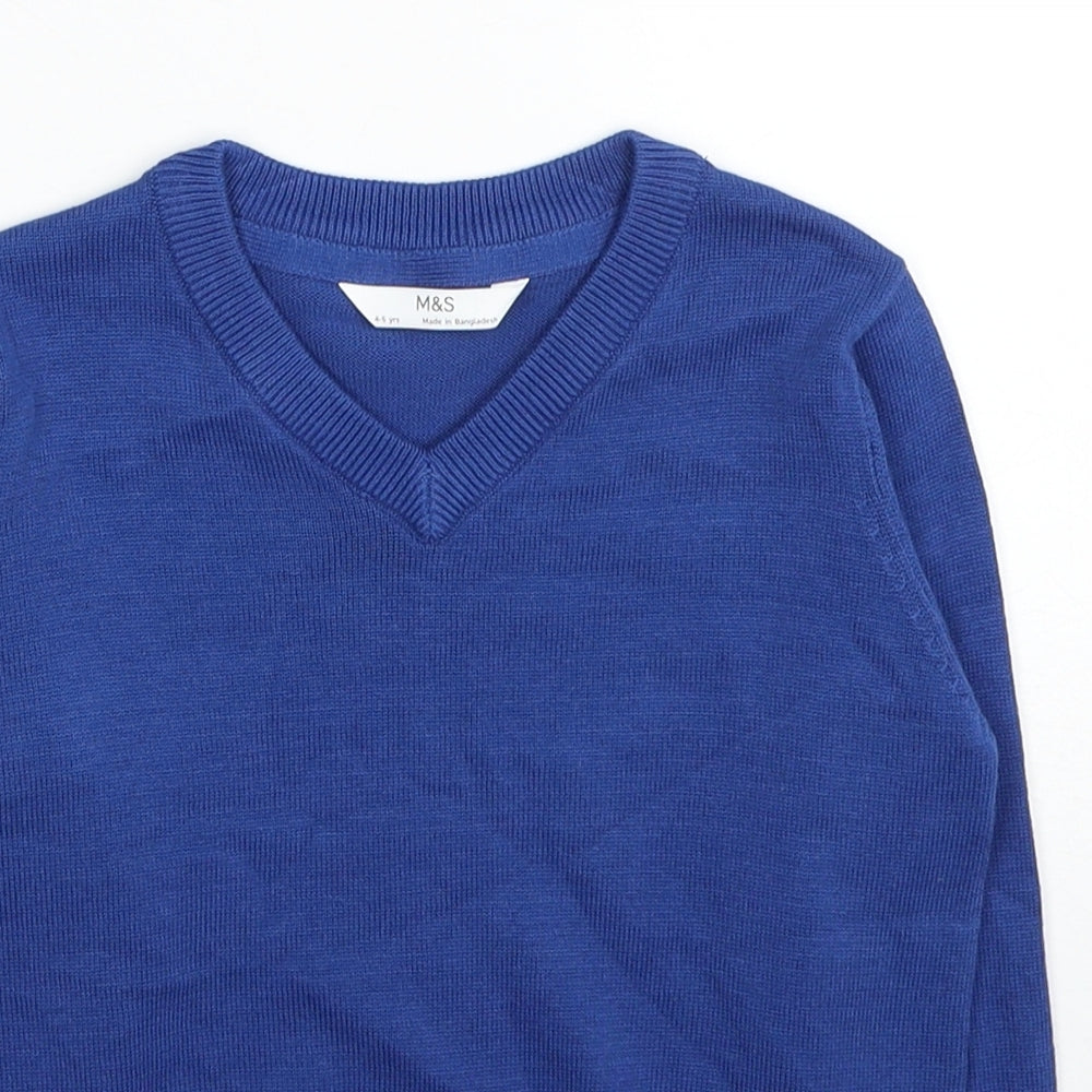 Marks and Spencer Boys Blue V-Neck Cotton Pullover Jumper Size 4-5 Years Pullover