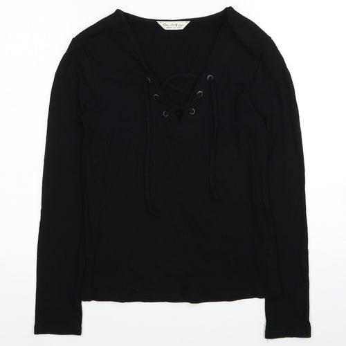 Miss Selfridge Womens Black Viscose Basic T-Shirt Size 10 V-Neck