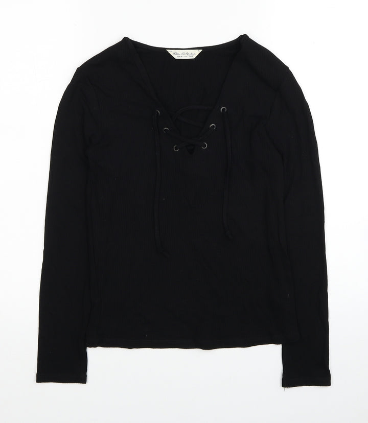 Miss Selfridge Womens Black Viscose Basic T-Shirt Size 10 V-Neck