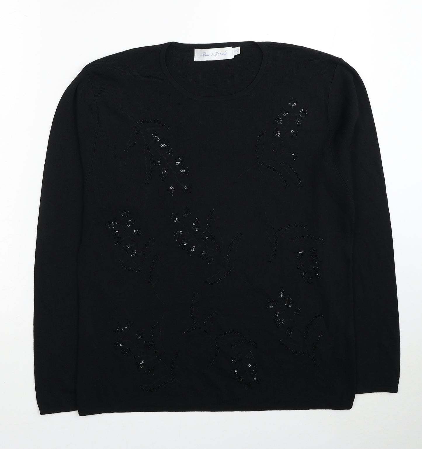 Pure & Natural Womens Black Round Neck Viscose Pullover Jumper Size 18 - Leaf Detail