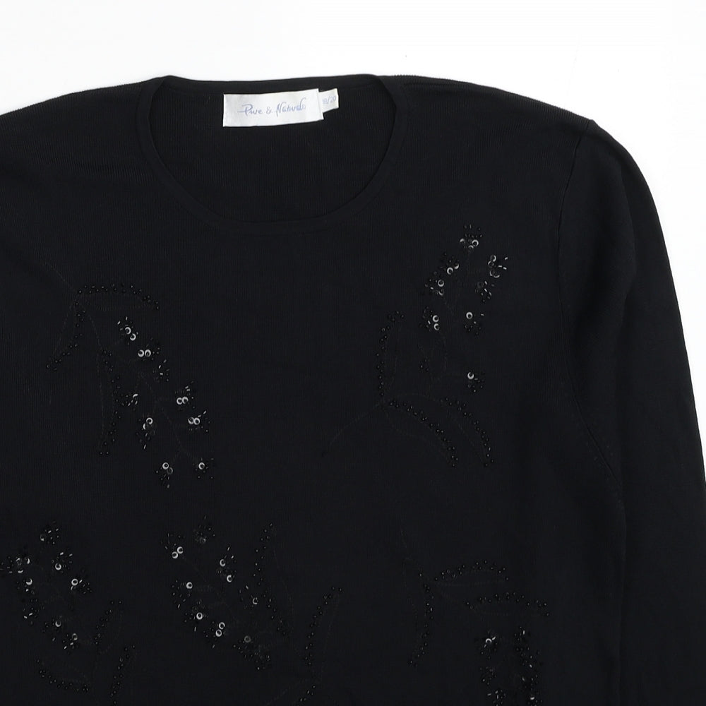 Pure & Natural Womens Black Round Neck Viscose Pullover Jumper Size 18 - Leaf Detail