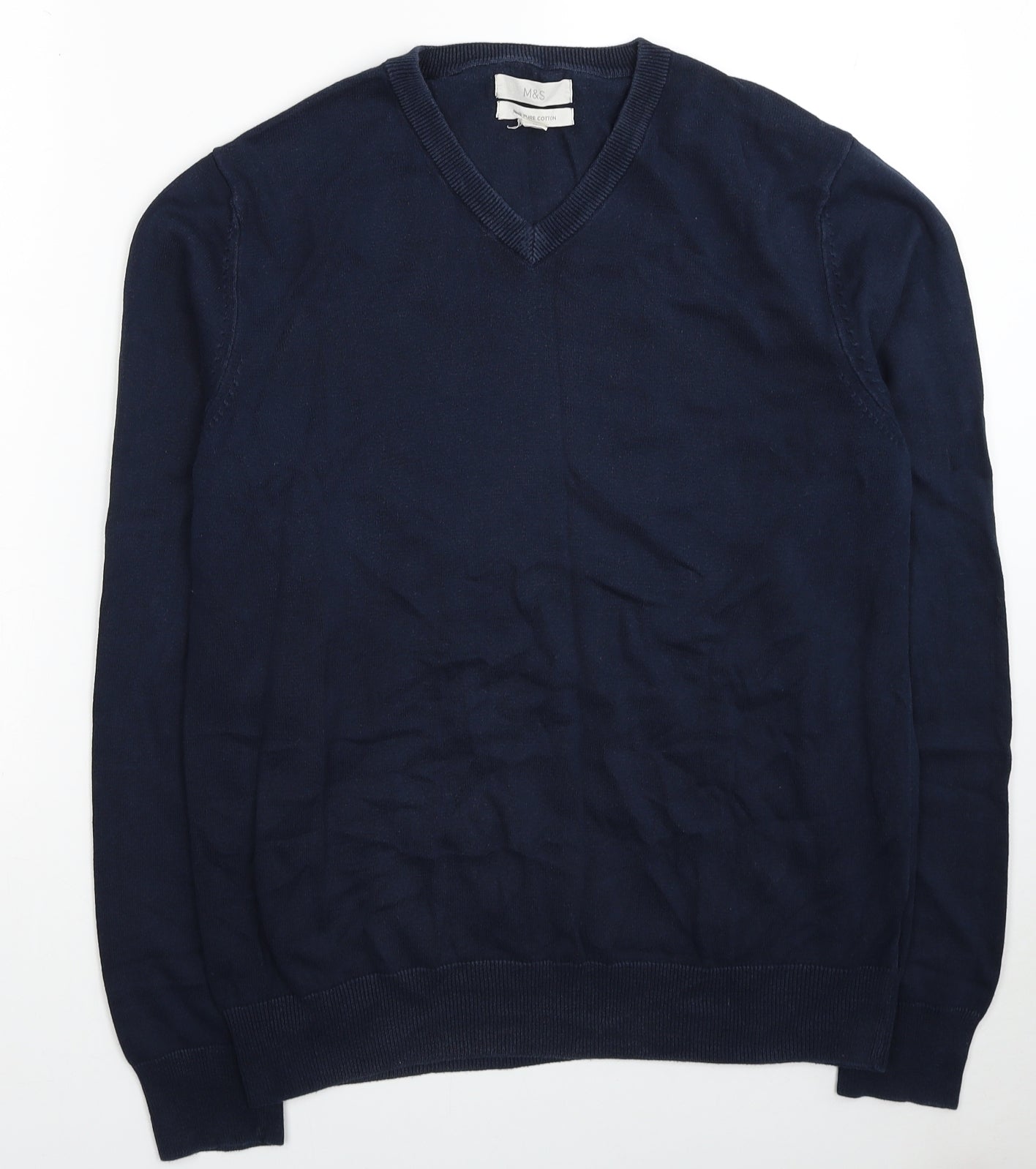 Marks and Spencer Mens Blue V-Neck Cotton Pullover Jumper Size M