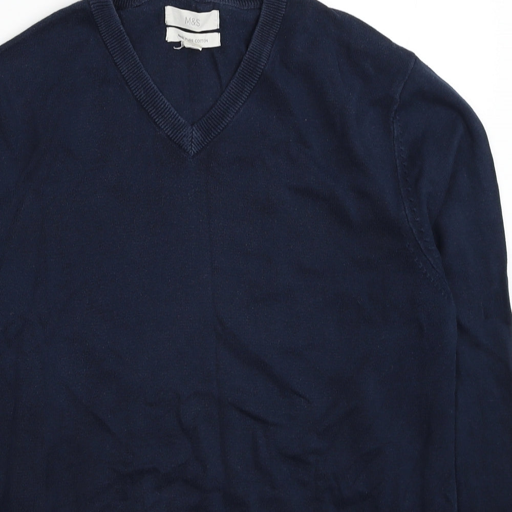 Marks and Spencer Mens Blue V-Neck Cotton Pullover Jumper Size M