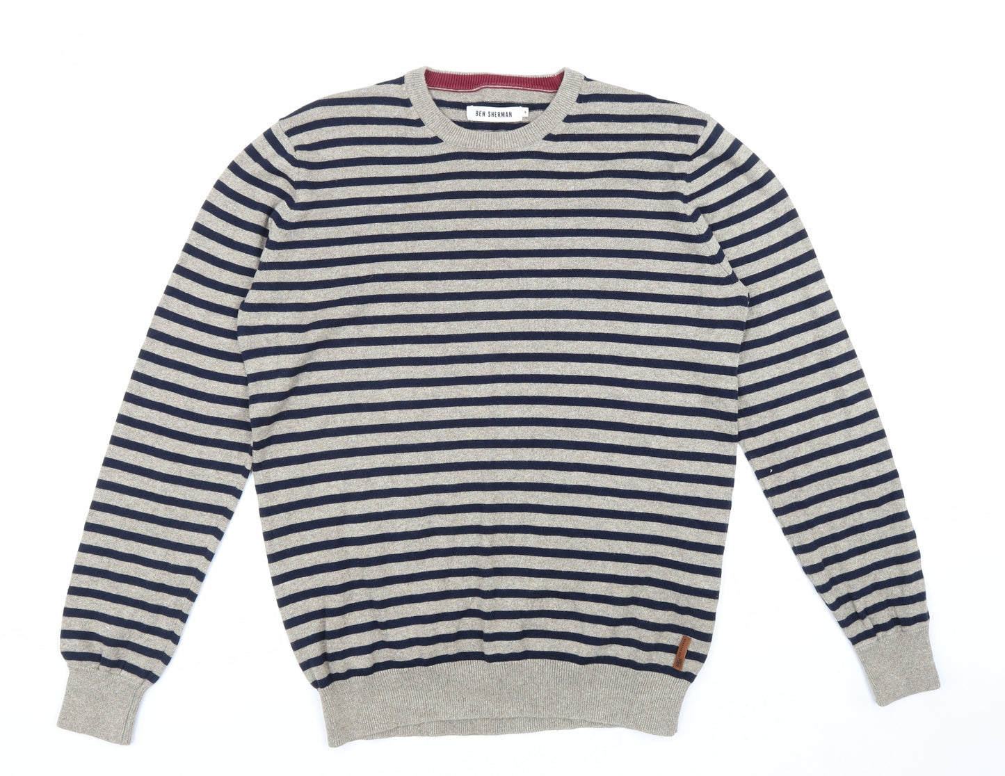 Ben Sherman Mens Beige Round Neck Striped Cotton Pullover Jumper Size M