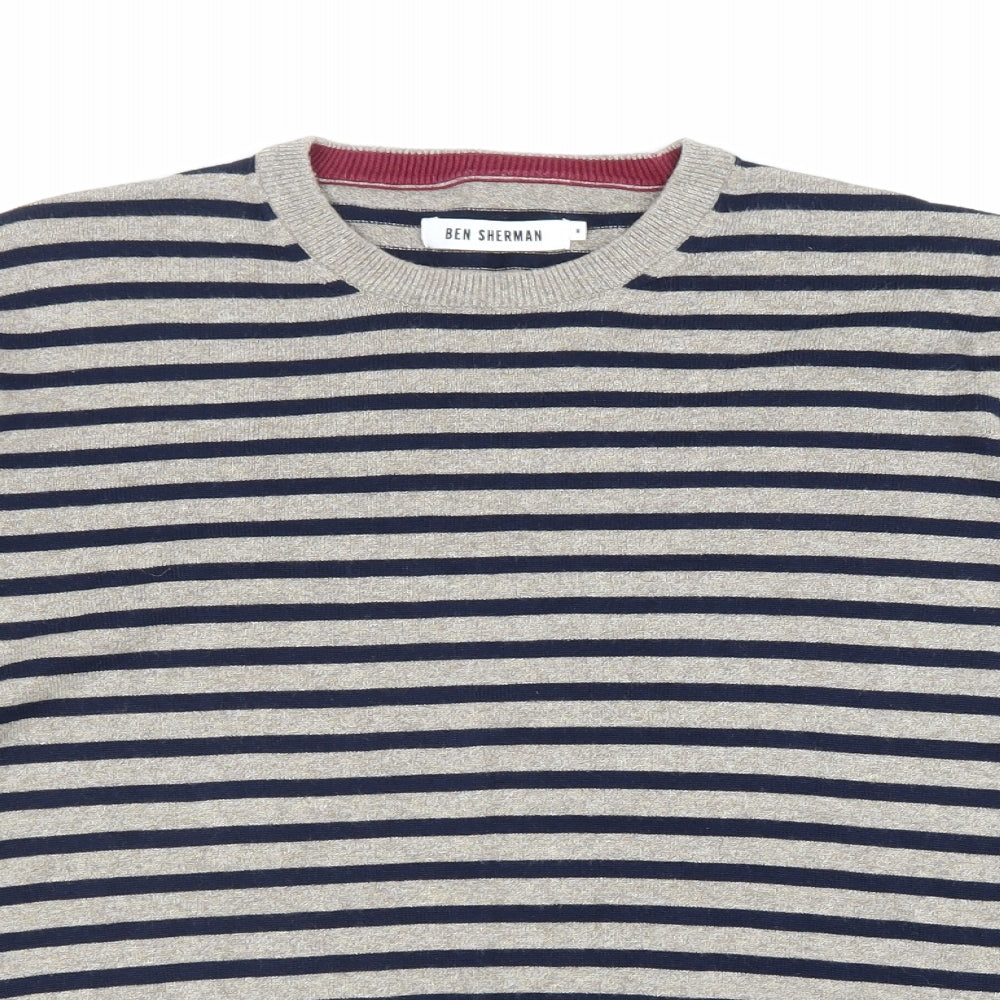 Ben Sherman Mens Beige Round Neck Striped Cotton Pullover Jumper Size M