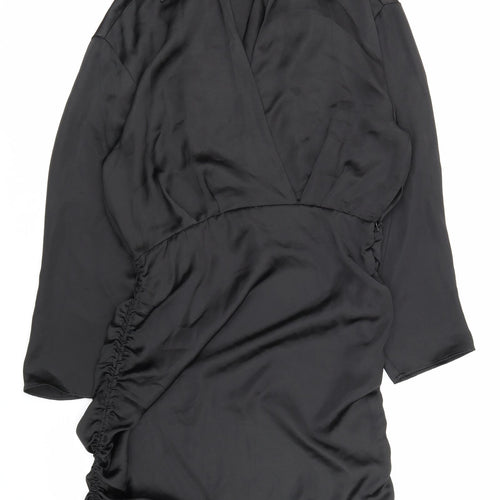 Zara Womens Black Polyester Shirt Dress Size L Collared Zip - Ruched
