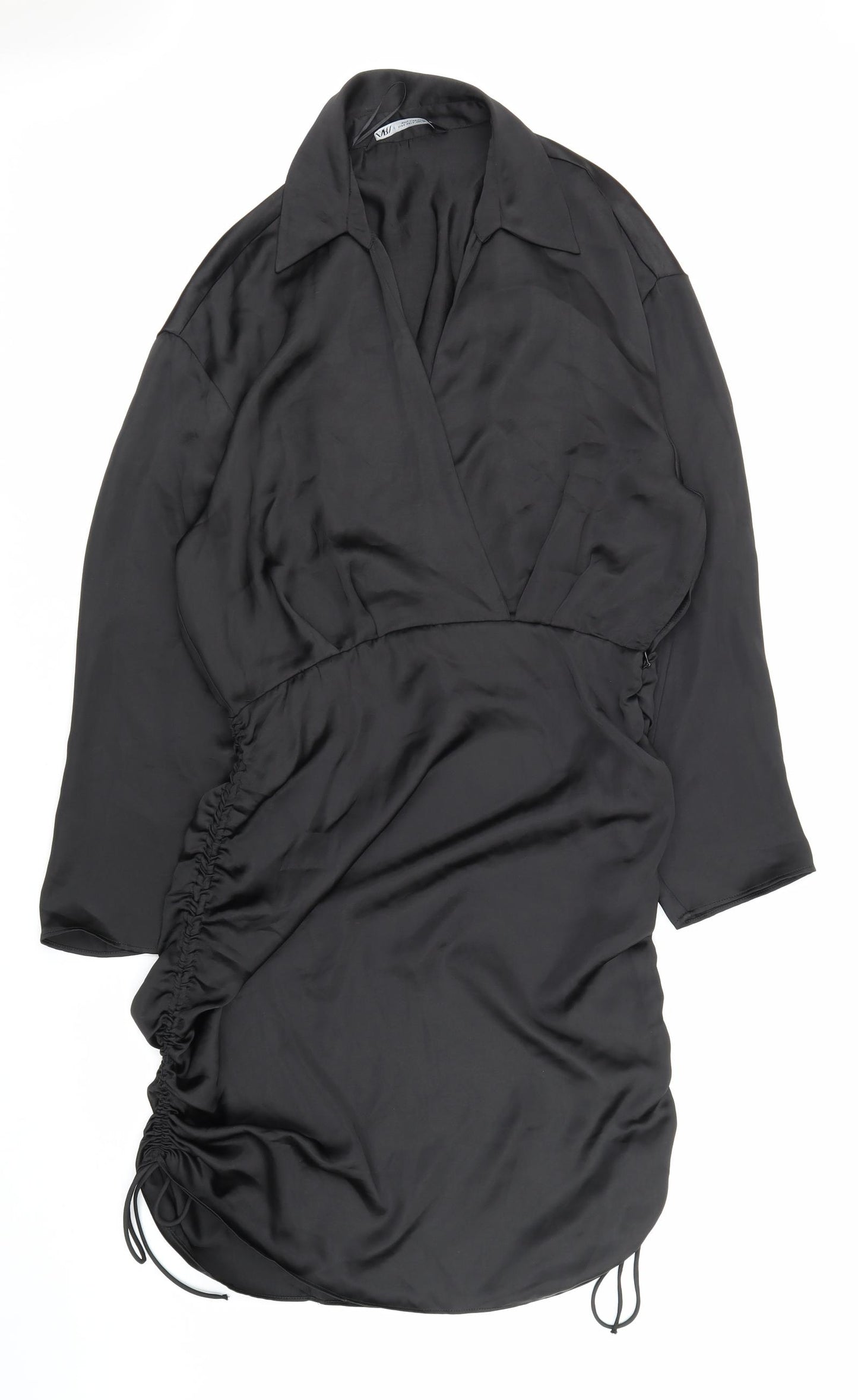 Zara Womens Black Polyester Shirt Dress Size L Collared Zip - Ruched