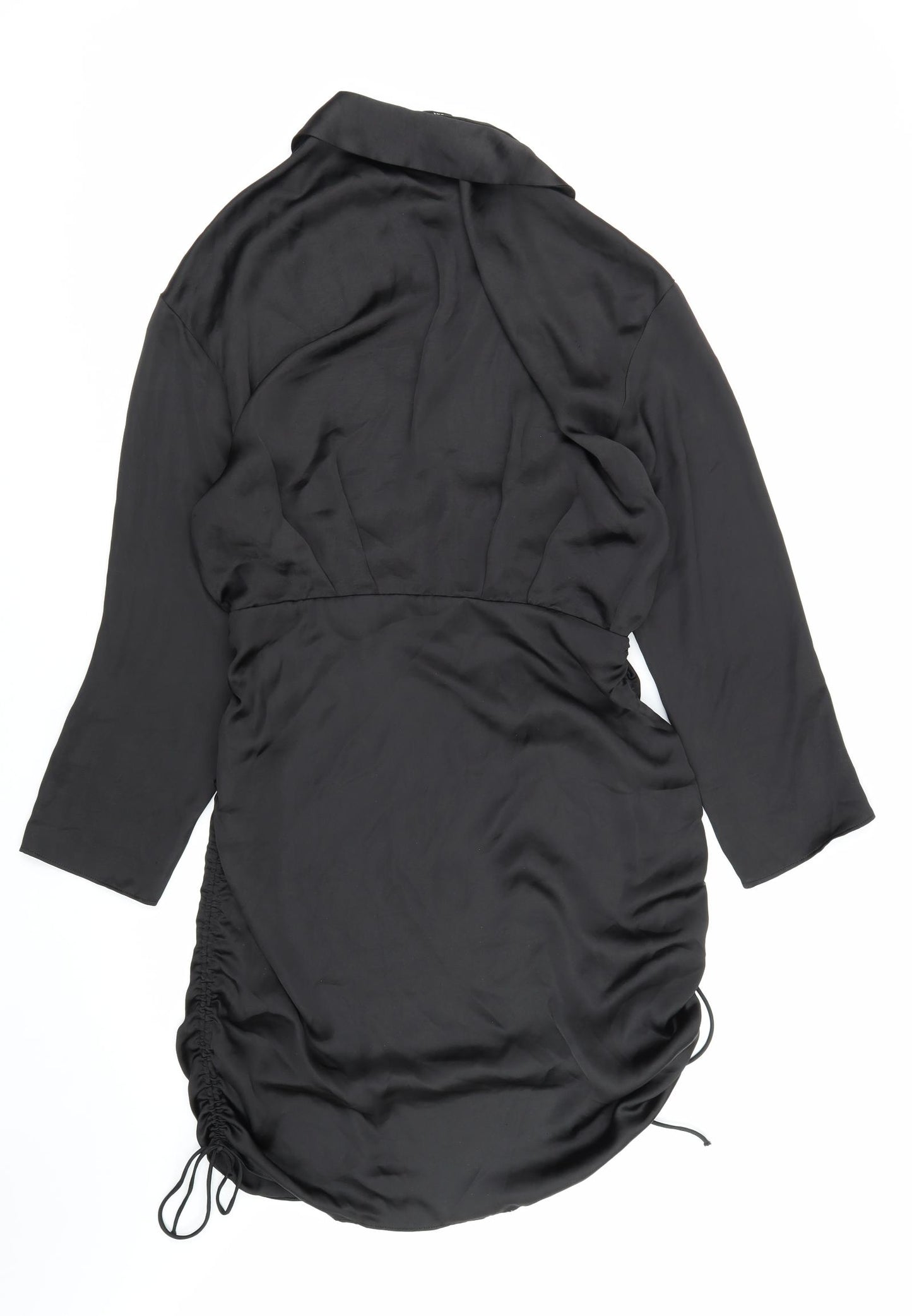 Zara Womens Black Polyester Shirt Dress Size L Collared Zip - Ruched