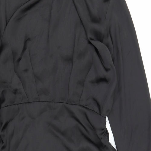 Zara Womens Black Polyester Shirt Dress Size L Collared Zip - Ruched