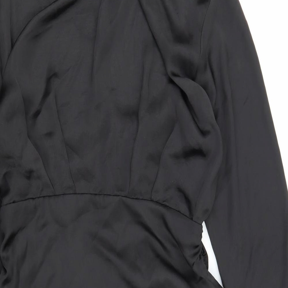 Zara Womens Black Polyester Shirt Dress Size L Collared Zip - Ruched