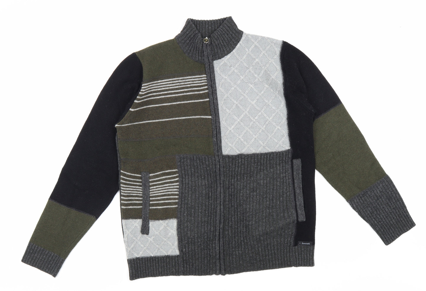 Sonneti Mens Multicoloured Mock Neck Geometric Viscose Full Zip Jumper Size M