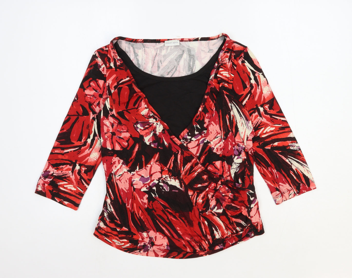 Minuet Petite Womens Red Geometric Viscose Basic T-Shirt Size 12 Scoop Neck