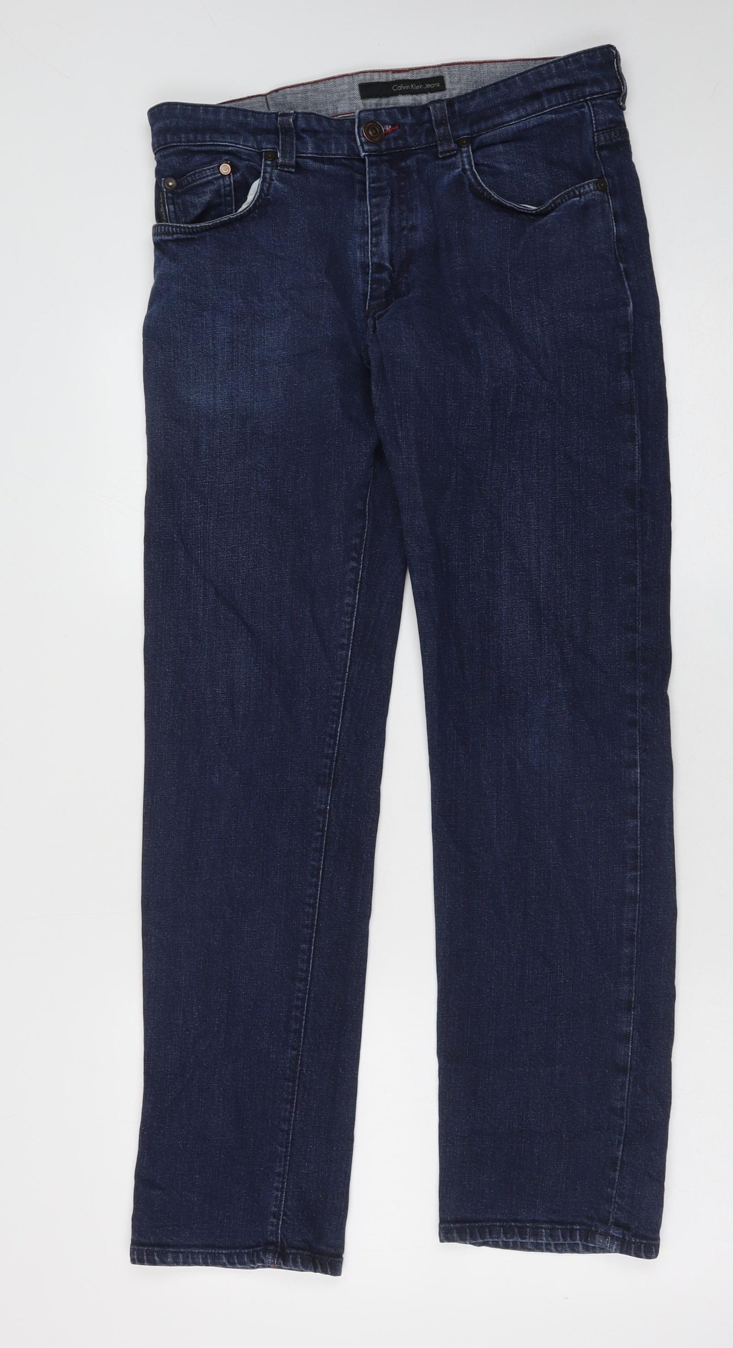 Calvin Klein Mens Blue Cotton Straight Jeans Size 33 in Regular Button