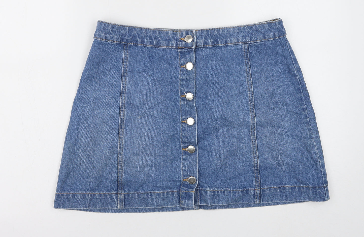 H&M Womens Blue Cotton Mini Skirt Size 16 Button