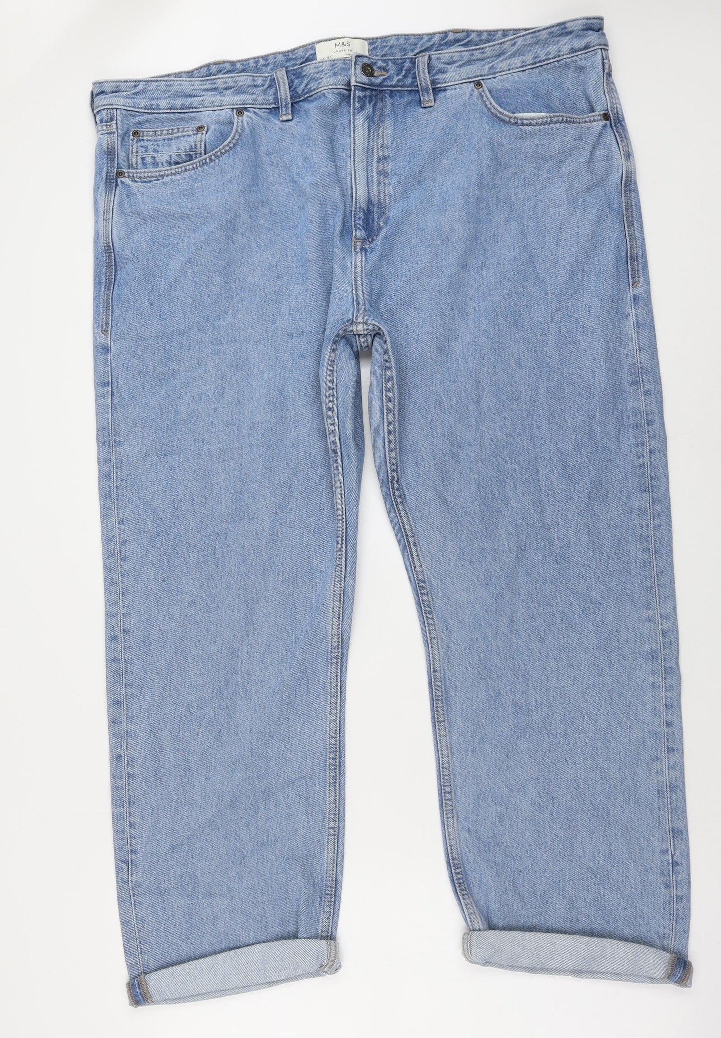 Marks and Spencer Mens Blue Cotton Straight Jeans Size 44 in L31 in Relaxed Button