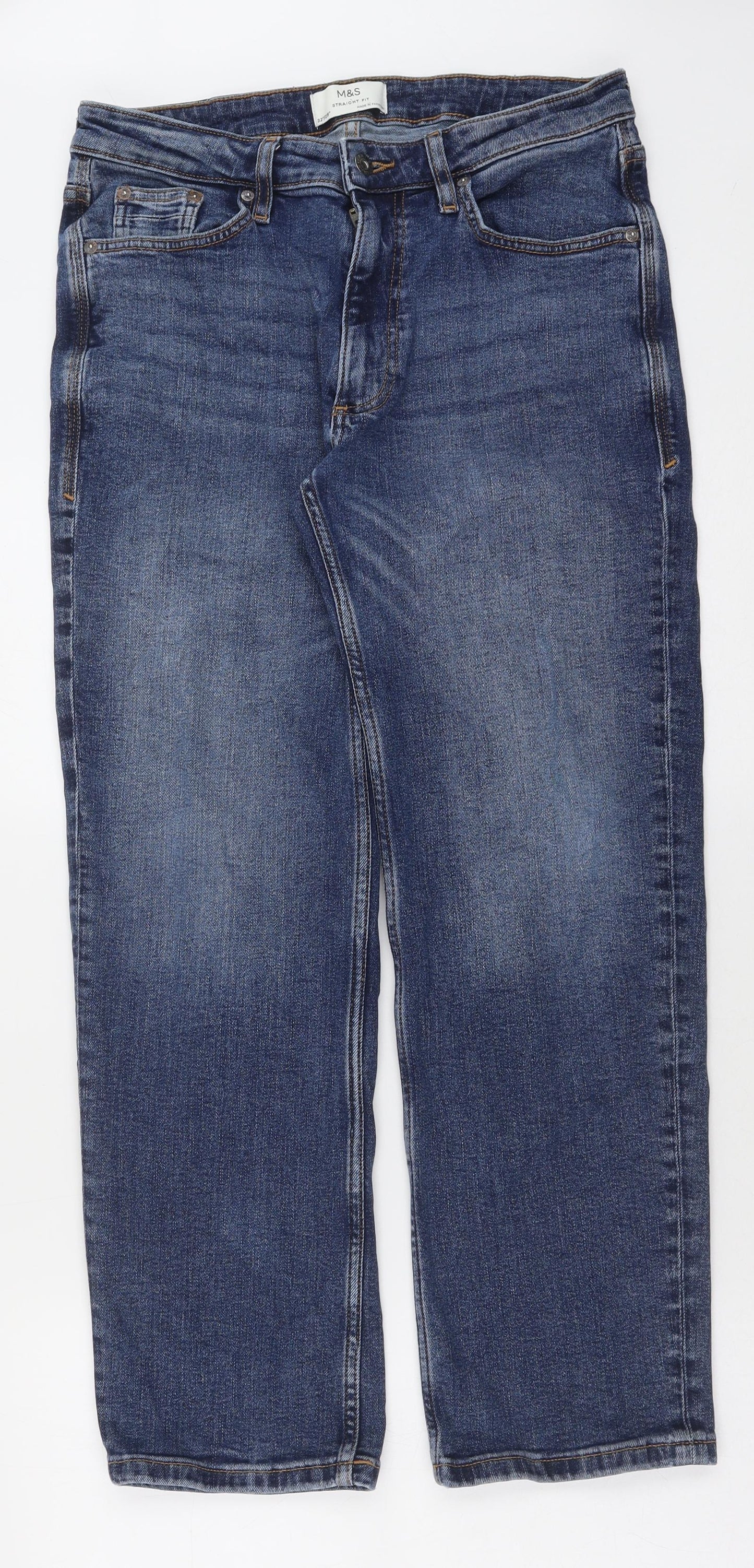 Marks and Spencer Mens Blue Cotton Straight Jeans Size 32 in L29 in Regular Button