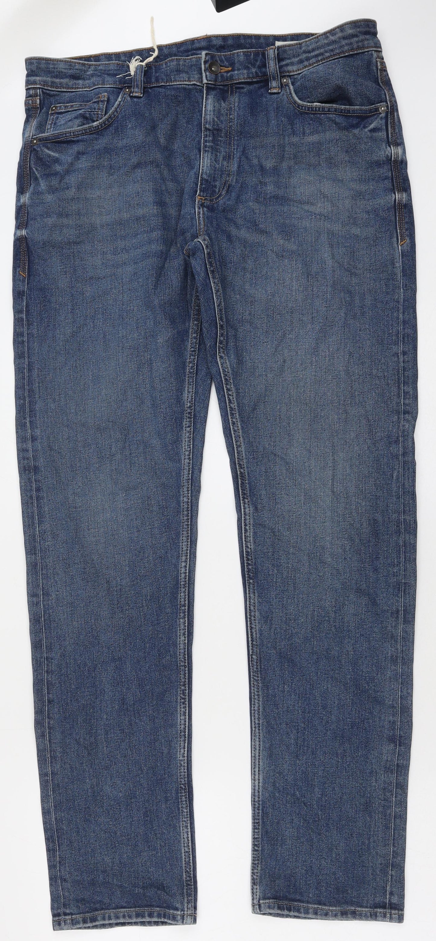 Marks and Spencer Mens Blue Cotton Straight Jeans Size 36 in L33 in Regular Button - Vintage Wash