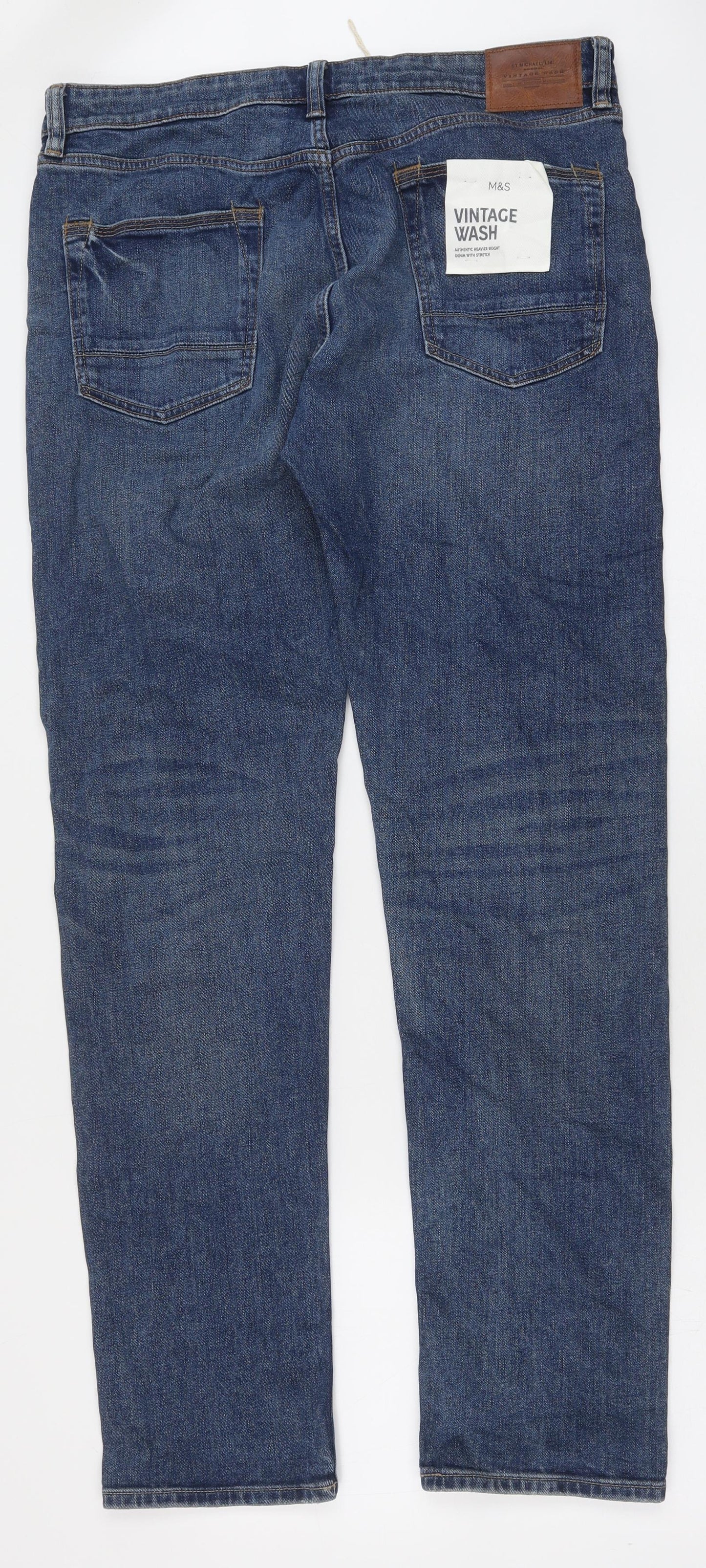 Marks and Spencer Mens Blue Cotton Straight Jeans Size 36 in L33 in Regular Button - Vintage Wash
