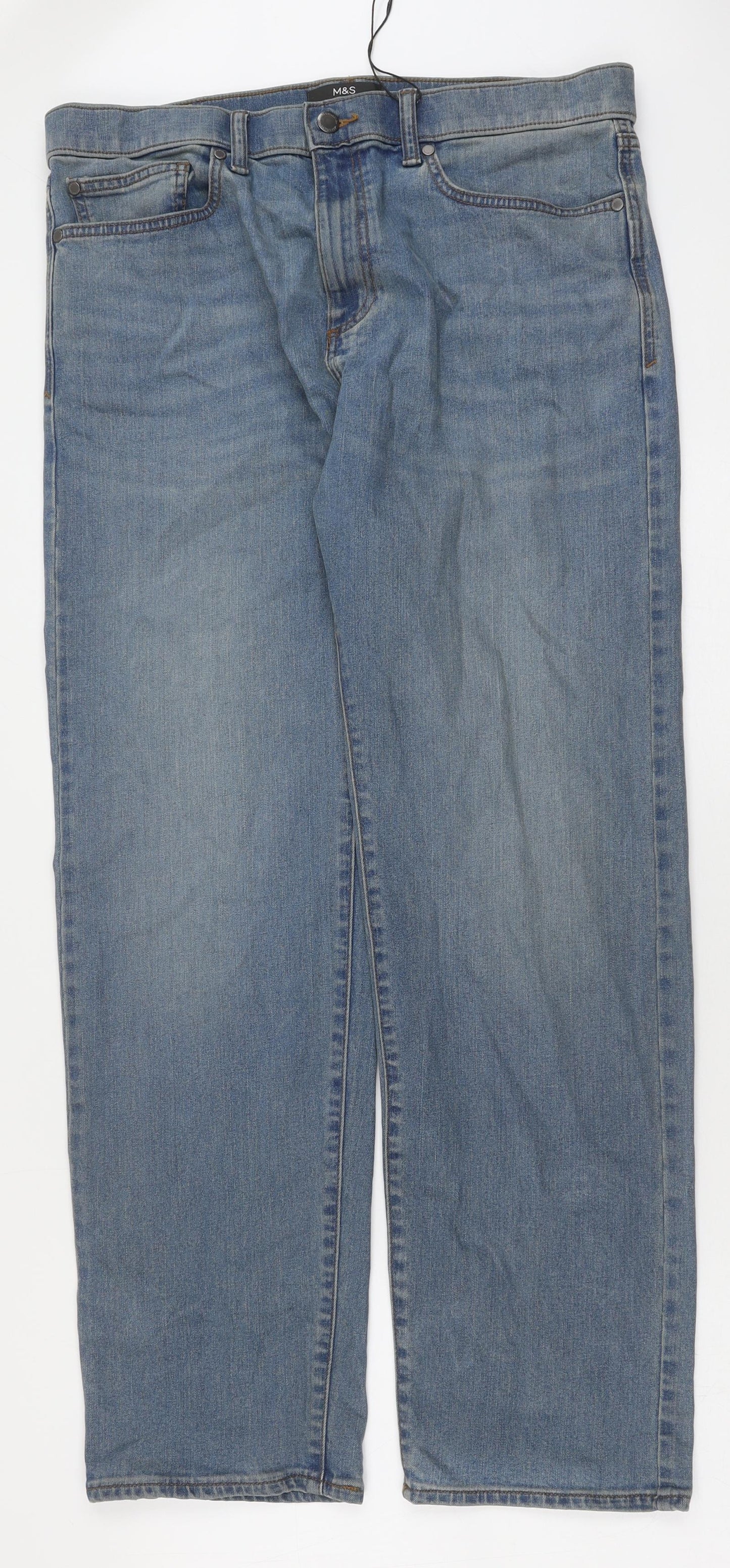 Marks and Spencer Mens Blue Cotton Straight Jeans Size 34 in L31 in Regular Button