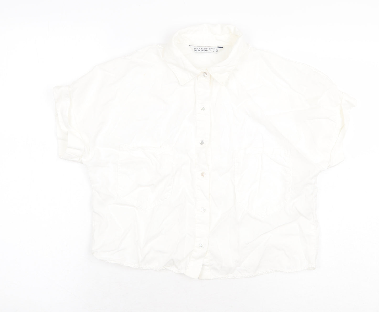 Zara Womens White Polyester Basic Button-Up Size S Collared