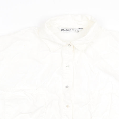 Zara Womens White Polyester Basic Button-Up Size S Collared