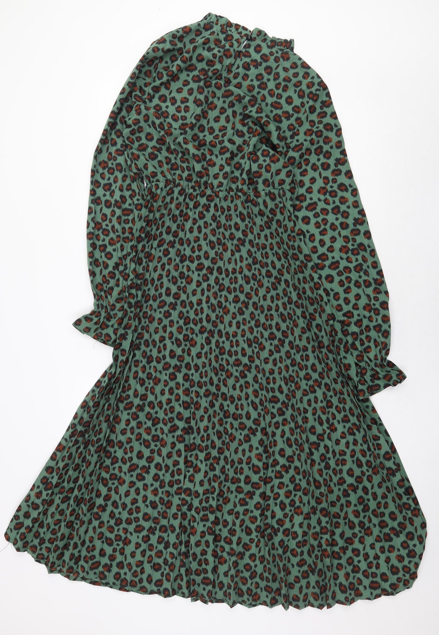 SheIn Womens Green Animal Print Polyester A-Line Size S Mock Neck Button - Leopard Print