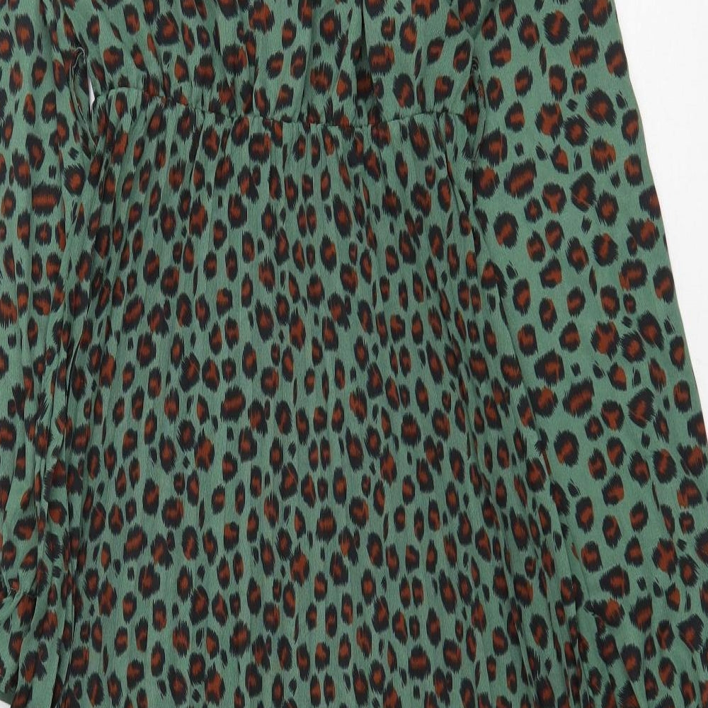 SheIn Womens Green Animal Print Polyester A-Line Size S Mock Neck Button - Leopard Print