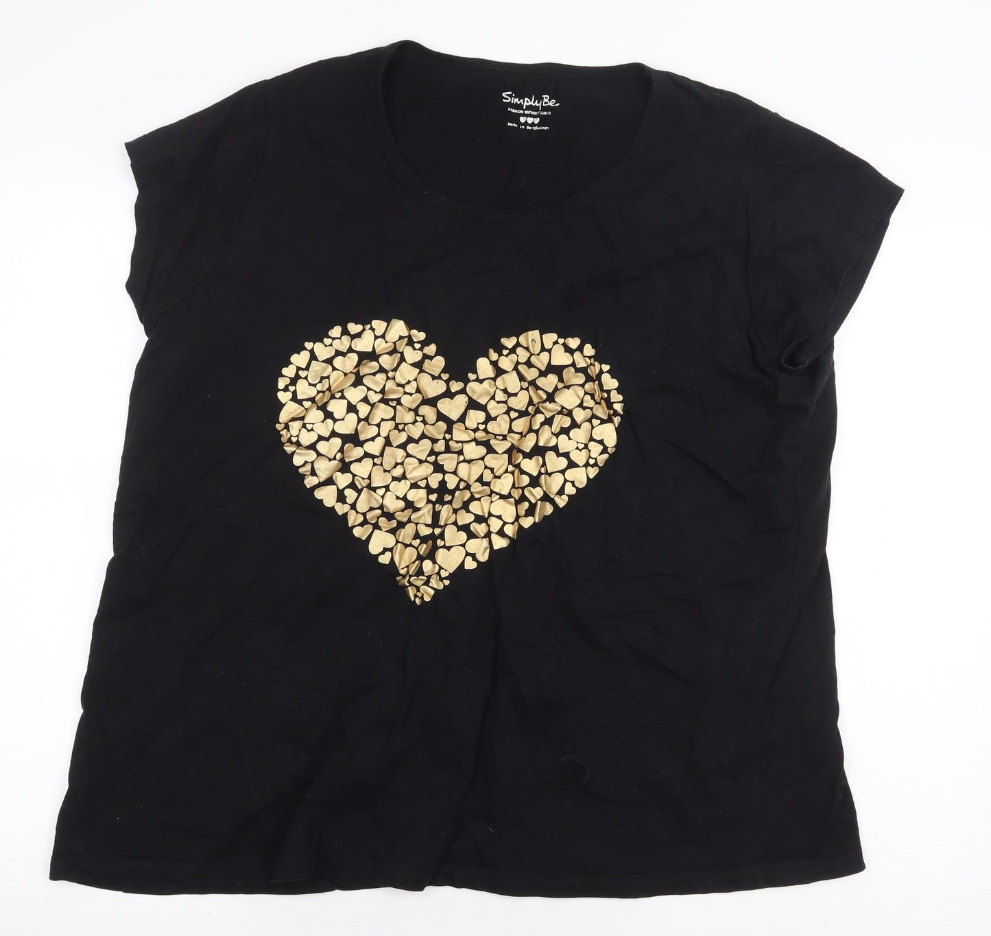 Simply Be Womens Black 100% Cotton Basic T-Shirt Size 20 Round Neck - Heart