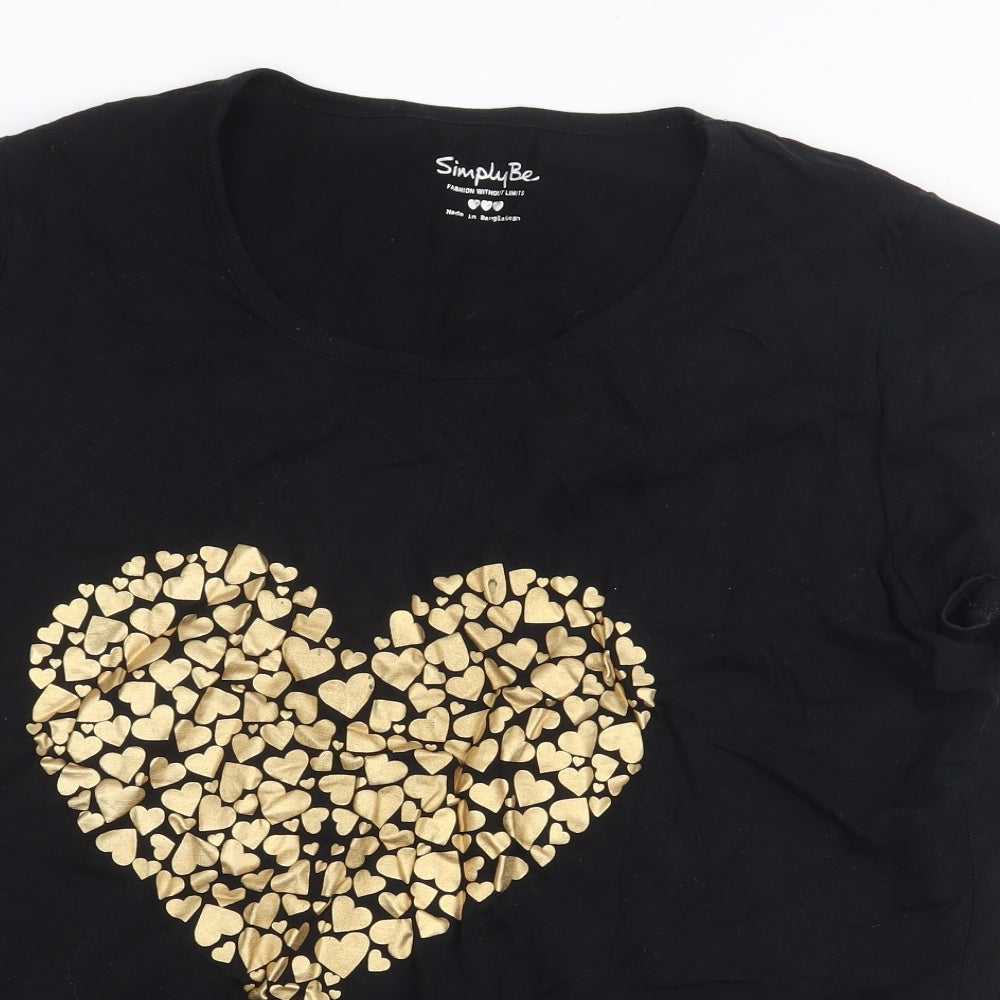 Simply Be Womens Black 100% Cotton Basic T-Shirt Size 20 Round Neck - Heart