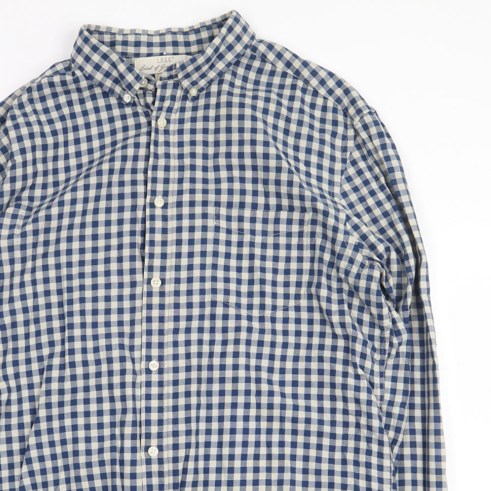 H&M Mens Blue Check Cotton Dress Shirt Size XL Collared Button