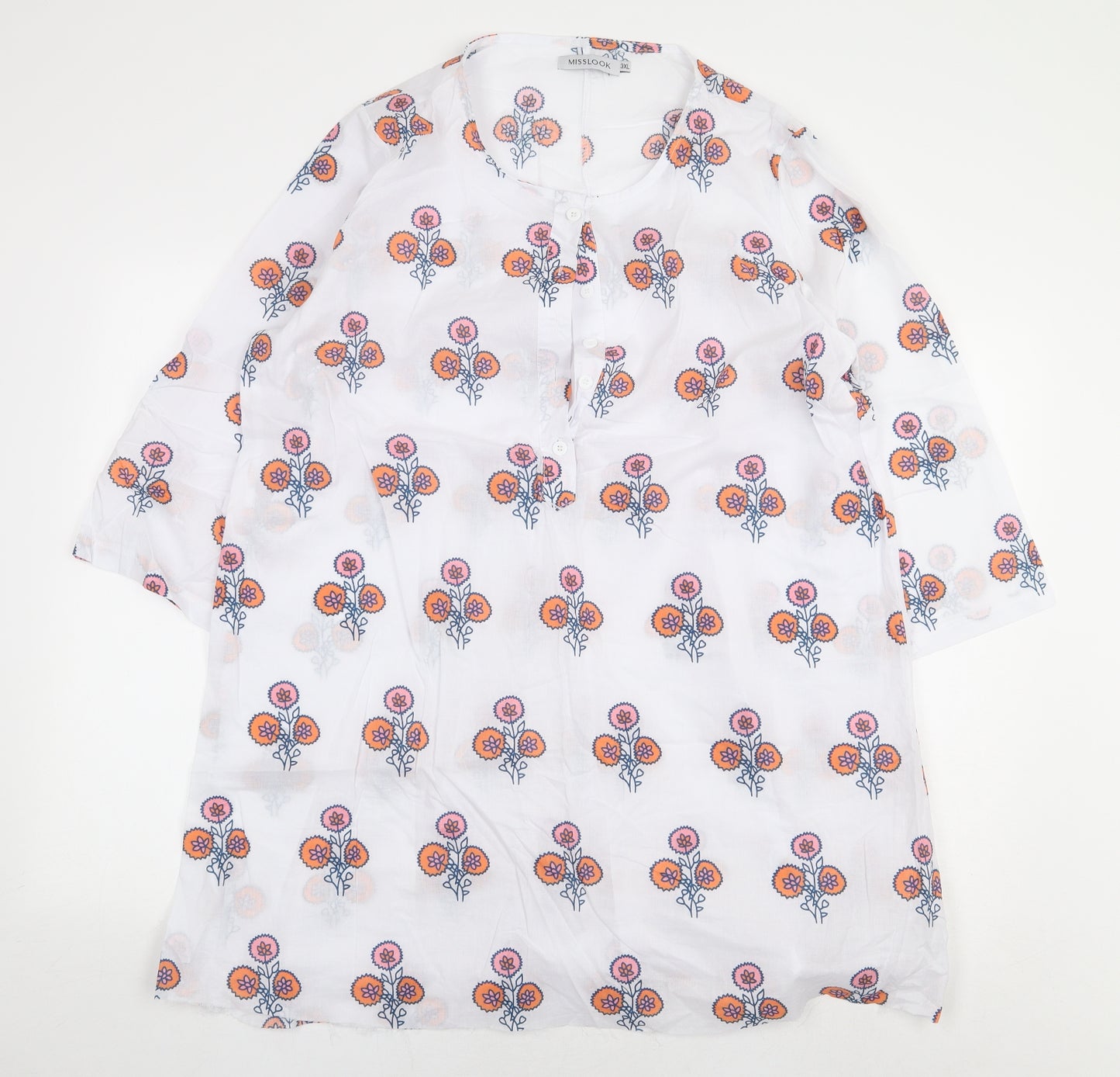 MissLook Womens White Geometric Cotton Basic Blouse Size 3XL Round Neck