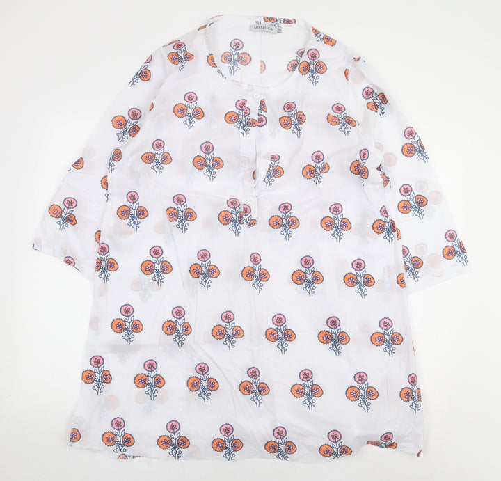 MissLook Womens White Geometric Cotton Basic Blouse Size 3XL Round Neck