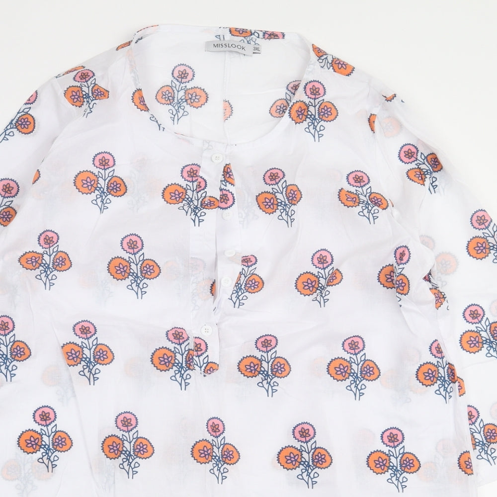 MissLook Womens White Geometric Cotton Basic Blouse Size 3XL Round Neck